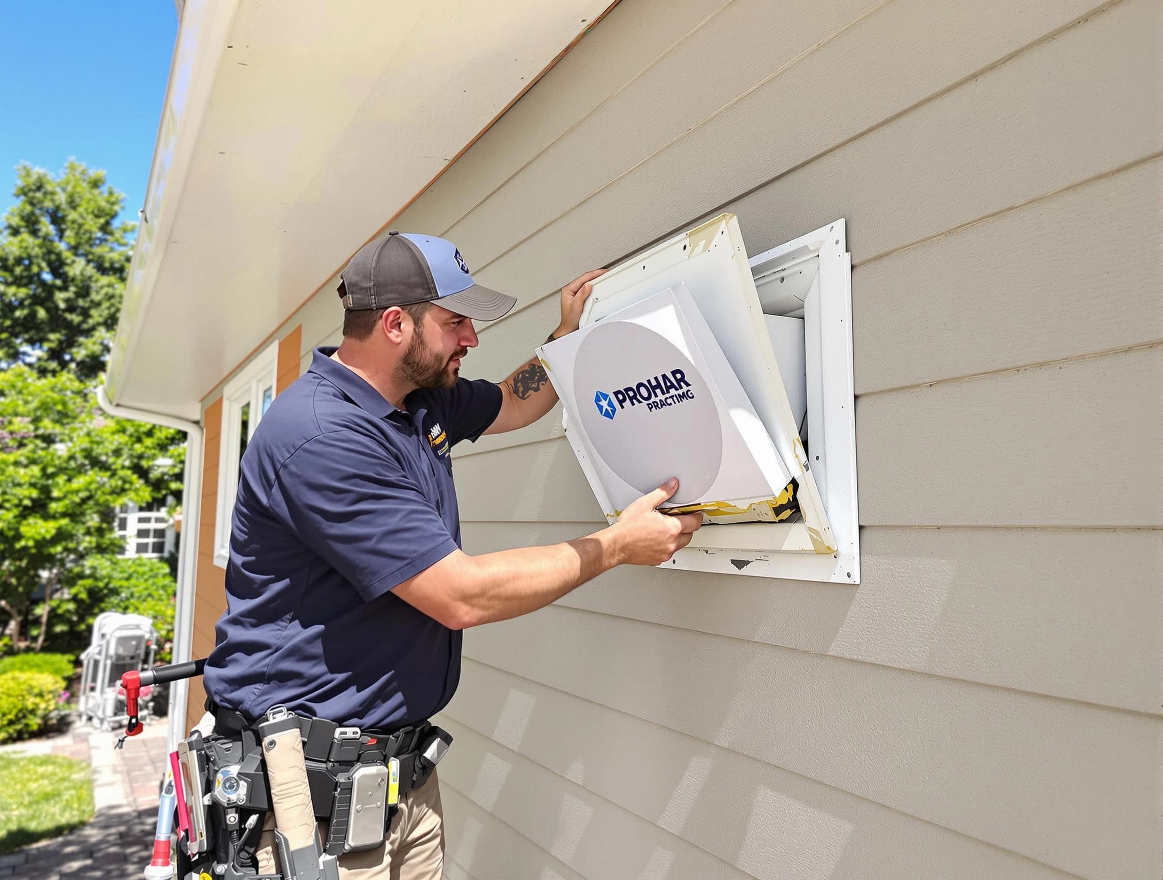 Fairfield Dryer Vent Cleaning technician installing a new protective dryer vent cover on a home in Fairfield