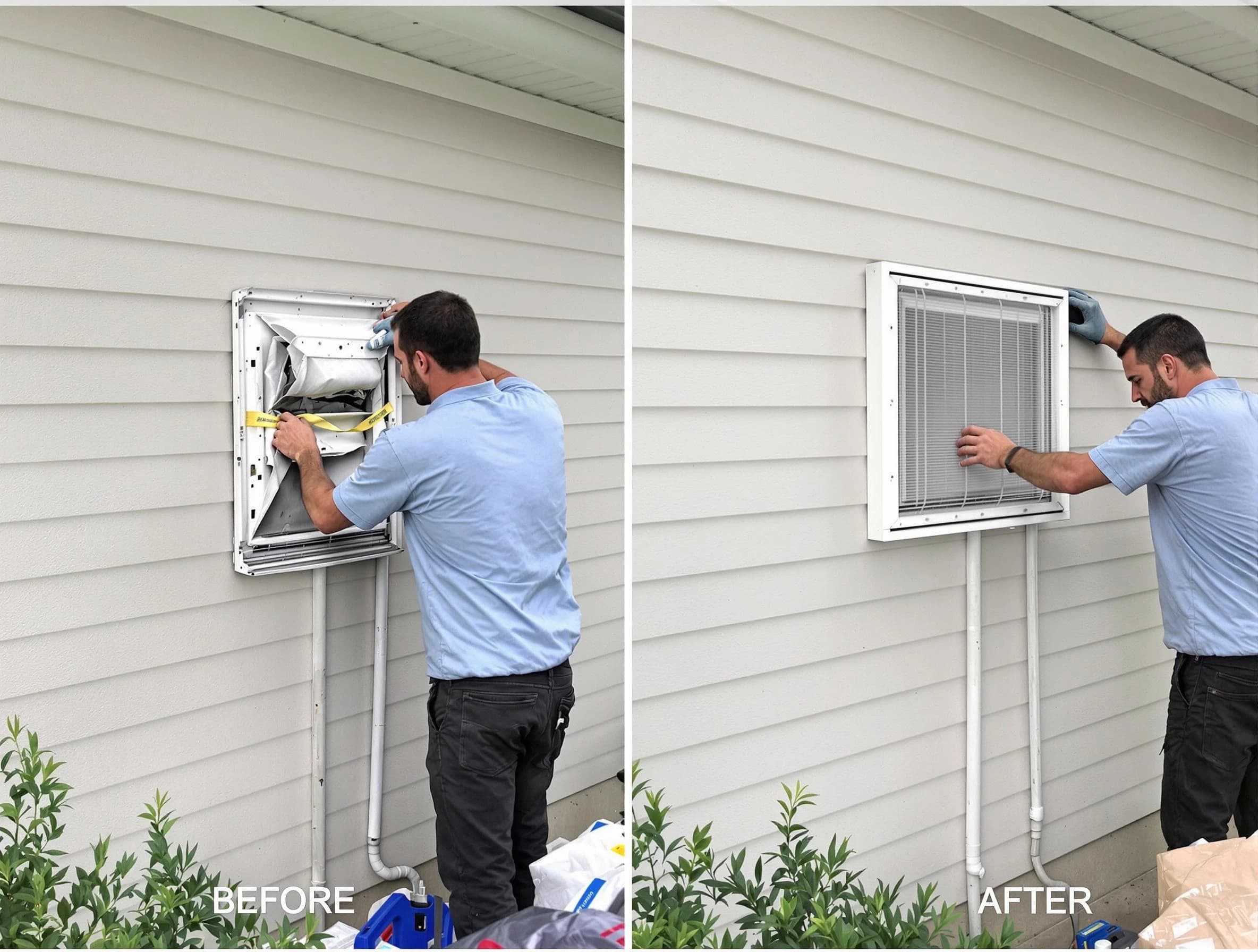 Fairfield Dryer Vent Cleaning technician installing high-quality dryer vent cover at a residential property in Fairfield