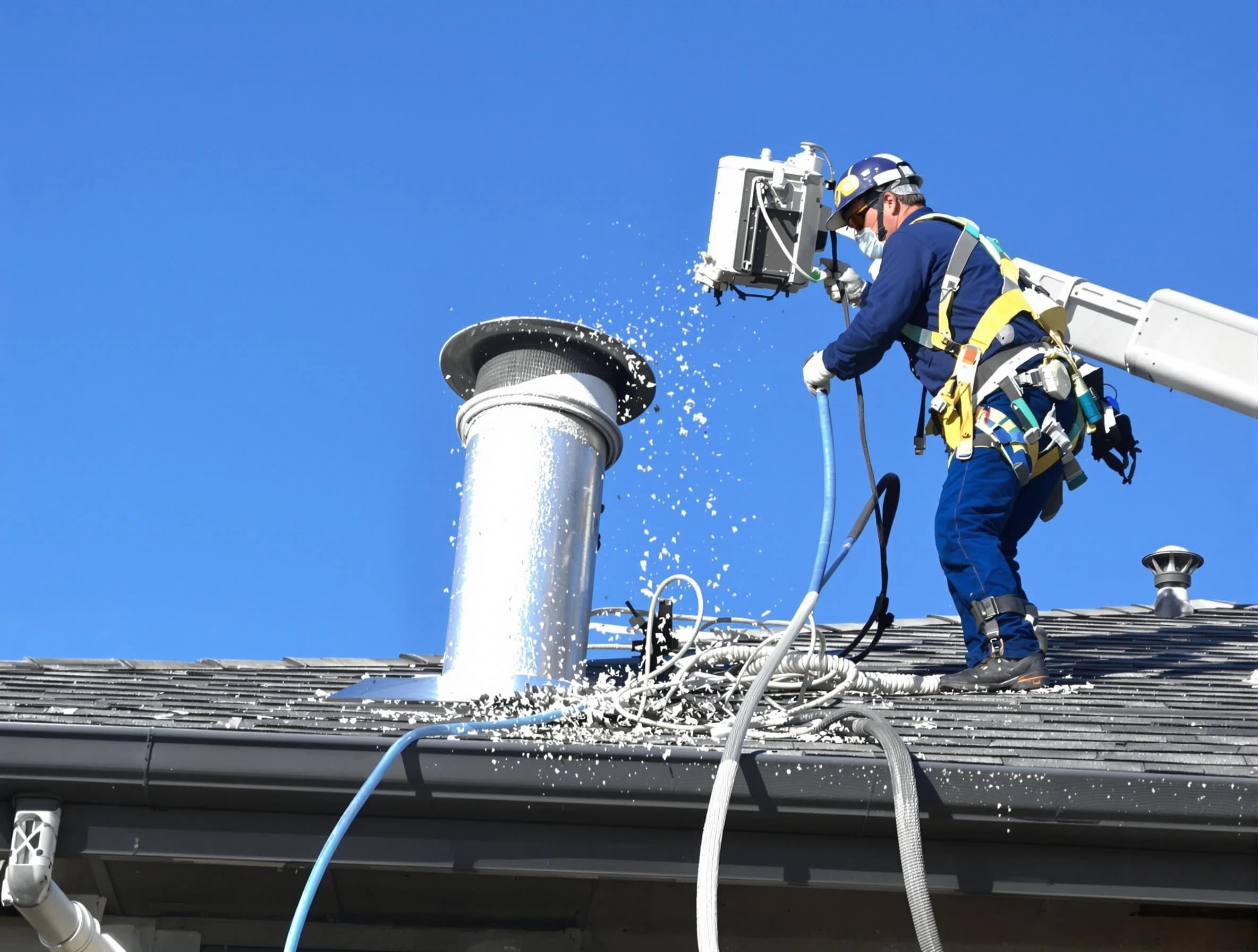Fairfield Dryer Vent Cleaning certified technician safely cleaning a roof-mounted dryer vent in Fairfield