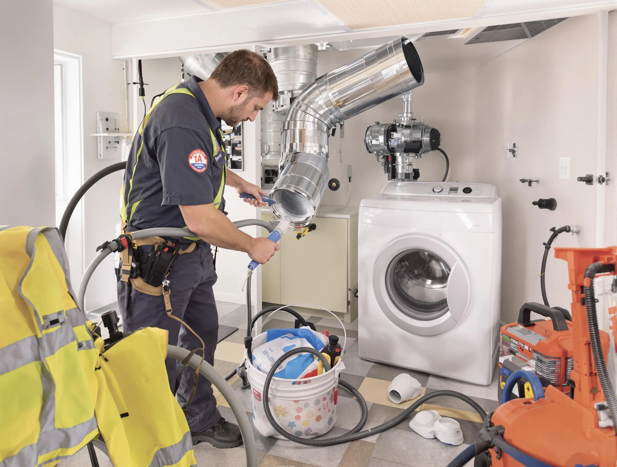 Fairfield Dryer Vent Cleaning technician using specialized equipment to clear severe dryer vent blockage in Fairfield